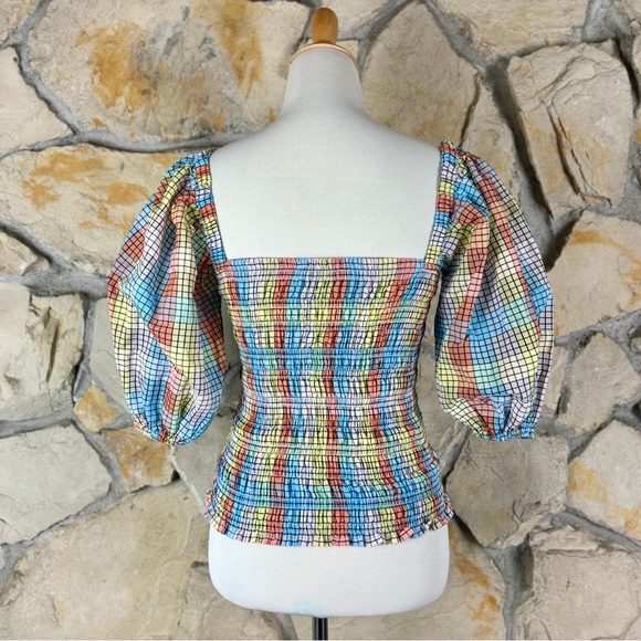 Ganni Puff Sleeve Smocked Top Pastel Rainbow Plaid | IT32, S - Picture 4 of 5